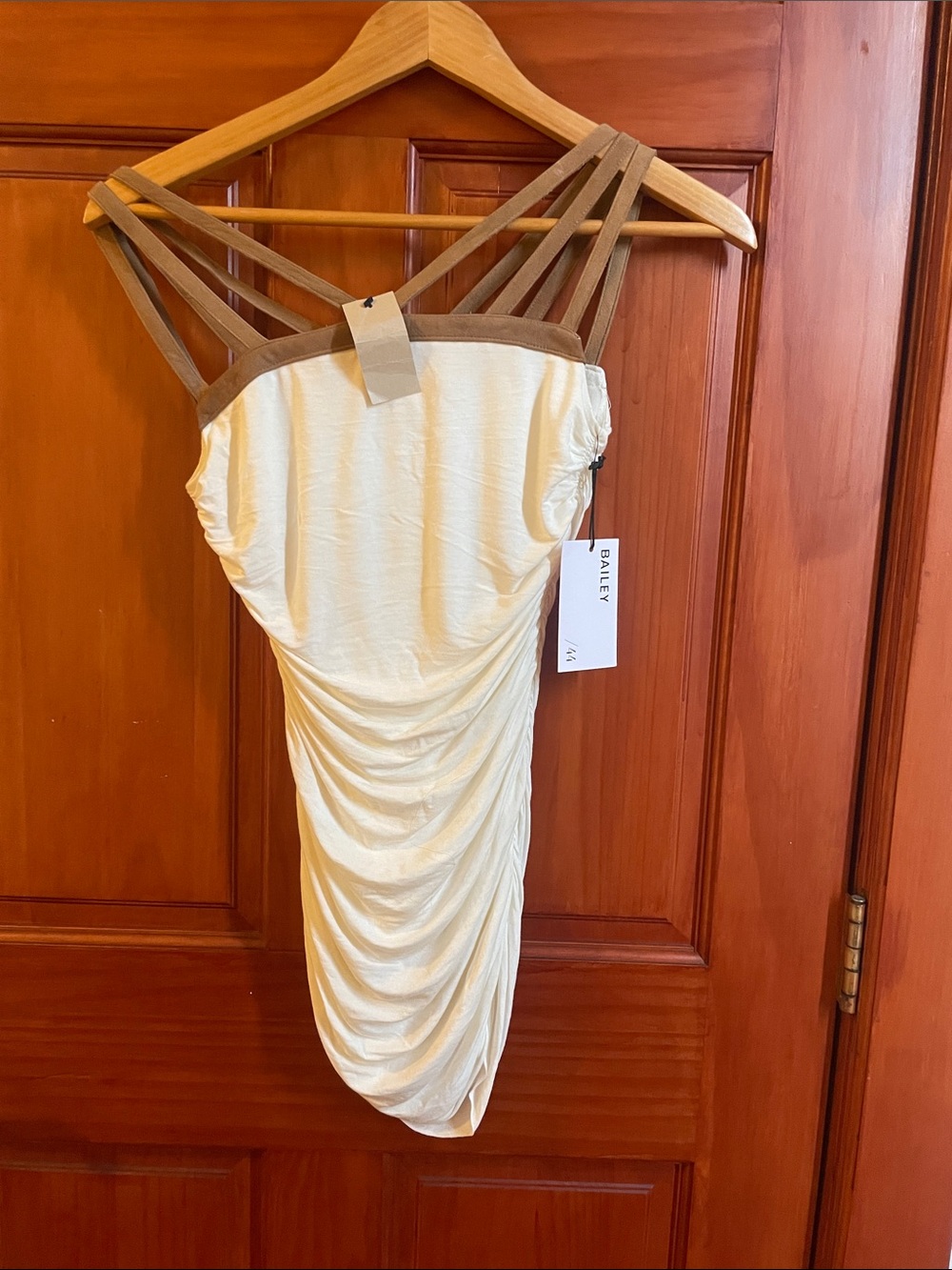Cream Ruched Grecian Top with Tan Strap Detail